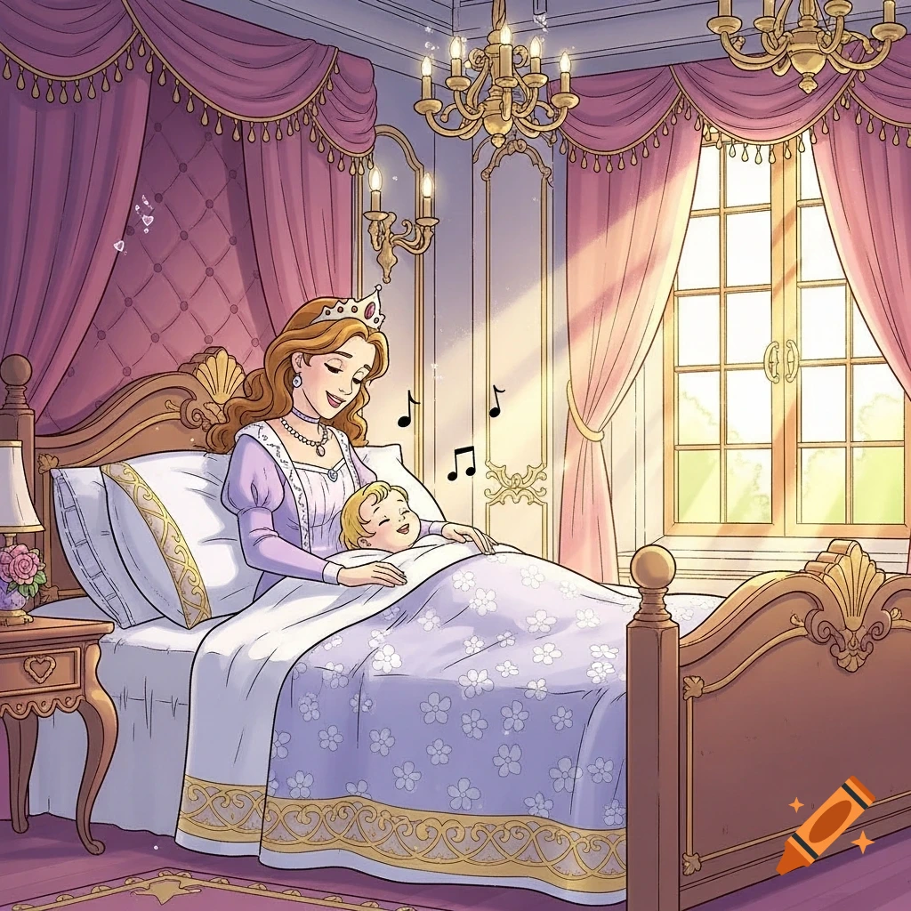 A cartoon princess in a regal bedroom sings a lullaby to her sleeping baby, bathed in sunlight.