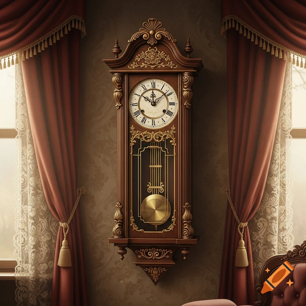 An ornate antique wooden wall clock with a gold pendulum and Roman ...