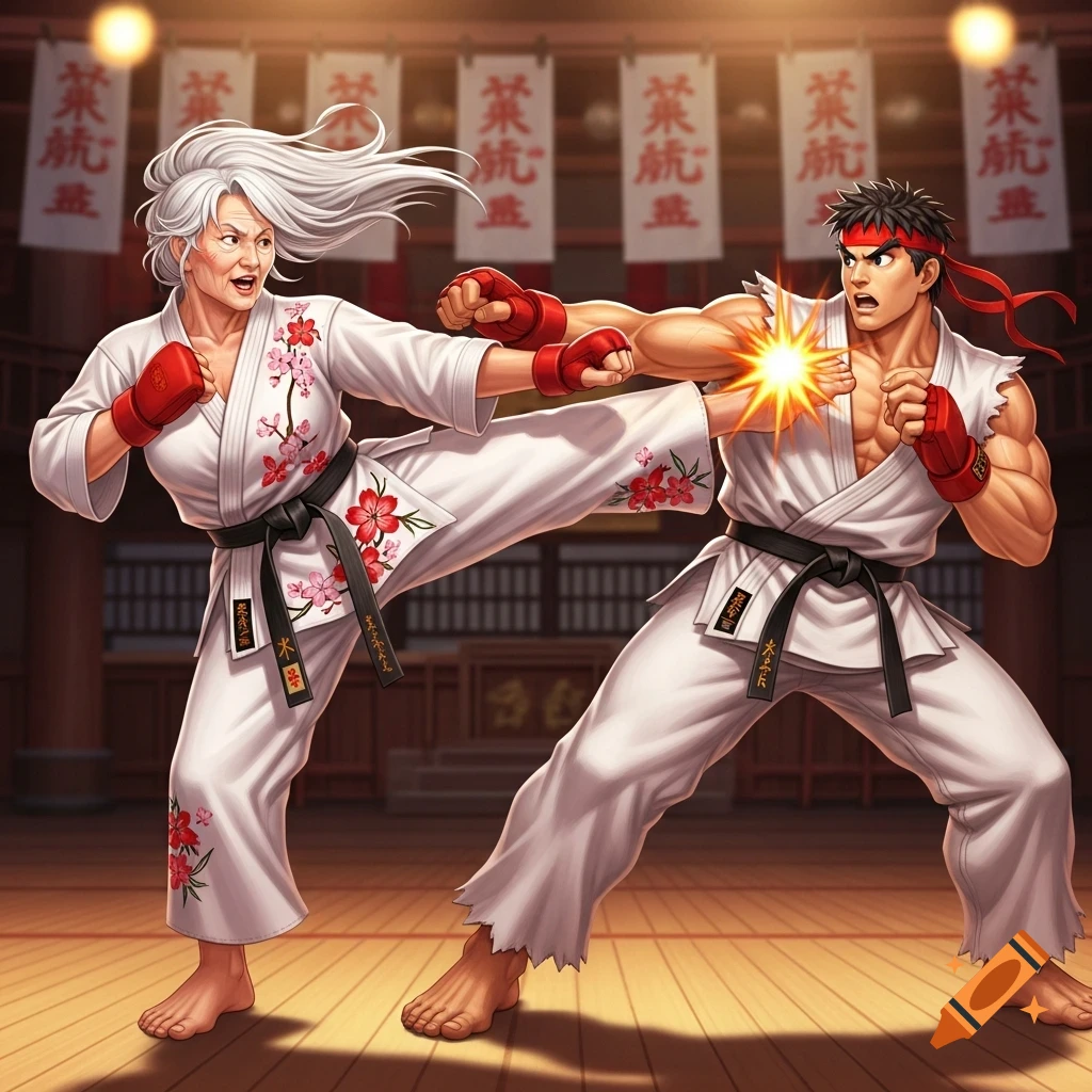 An older woman in a white gi with cherry blossoms delivers a kick to the chest of Ryu from Street Fighter, who blocks it with a punch, in a dojo setting.