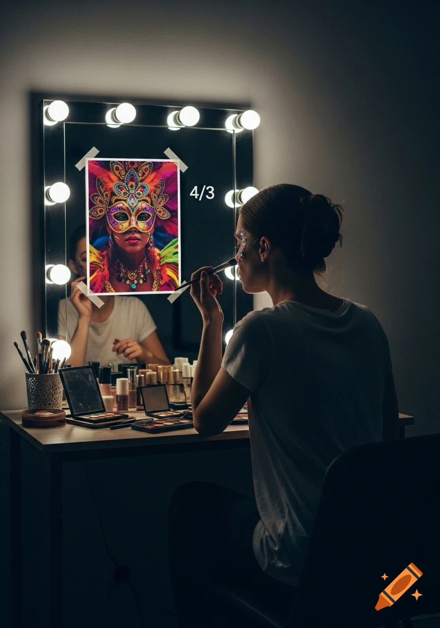 Woman applying glitter makeup at a vanity mirror, with a vibrant carnival mask photo taped to the mirror.