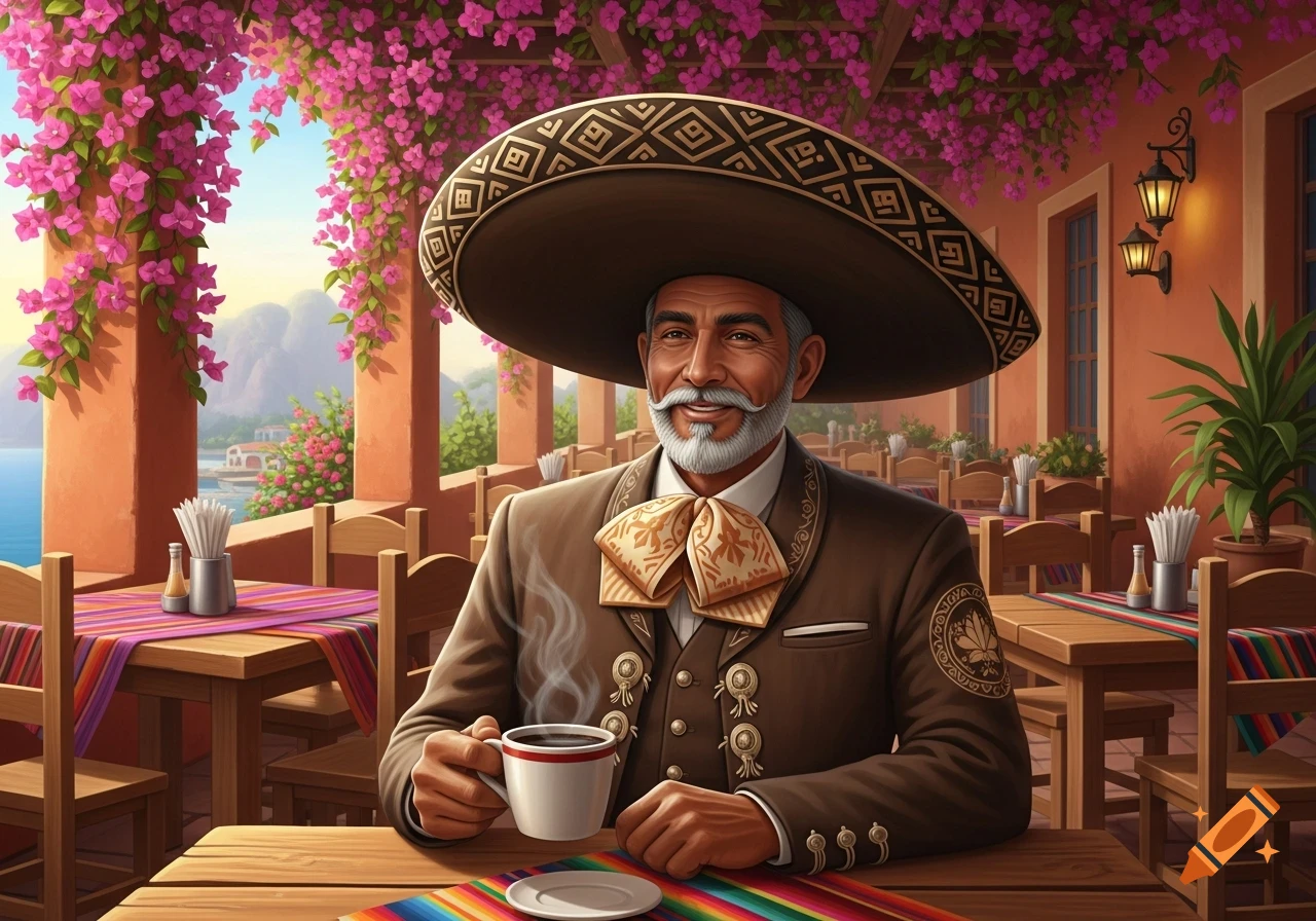 A smiling man in a sombrero and charro suit drinks coffee at an outdoor cafe with pink bougainvillea and a scenic view.