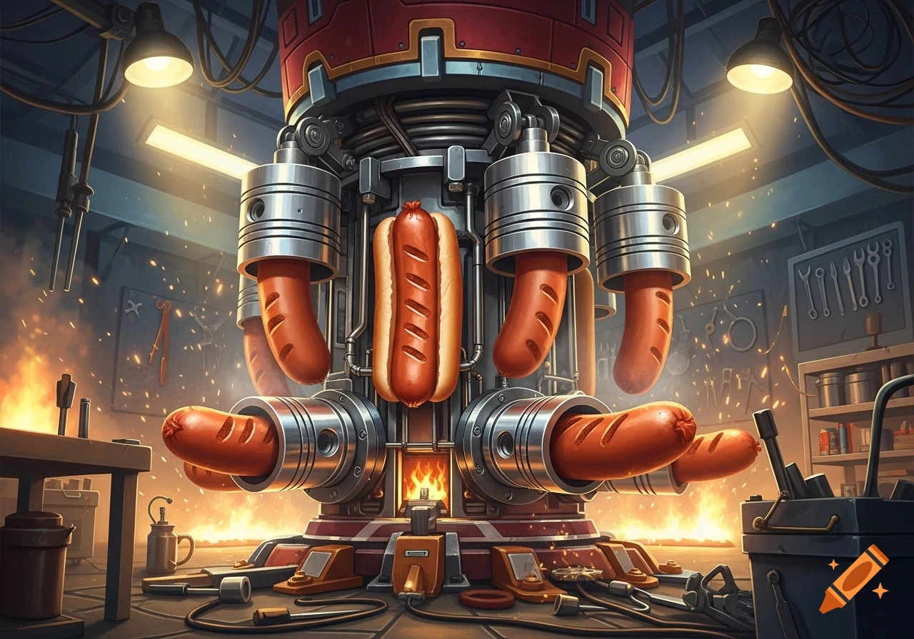 A detailed illustration of a large industrial machine with hotdogs as pistons, generating fire and sparks in a workshop.