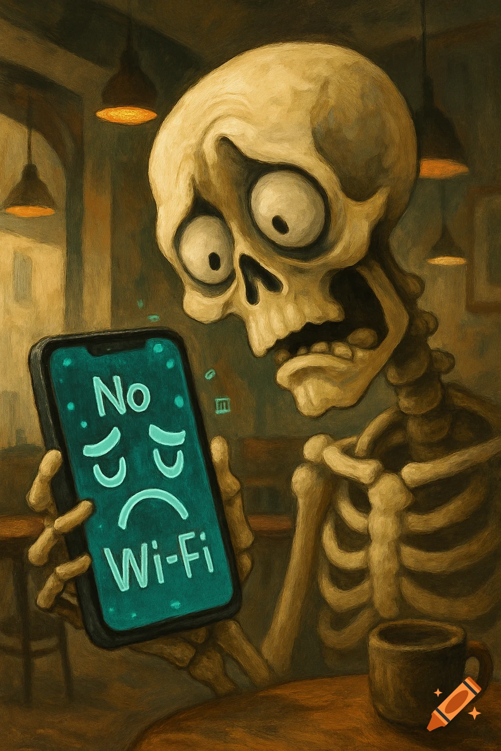 A worried skeleton sits in a cafe, holding a phone displaying 'No Wi-Fi' with sad emojis in a painterly style.