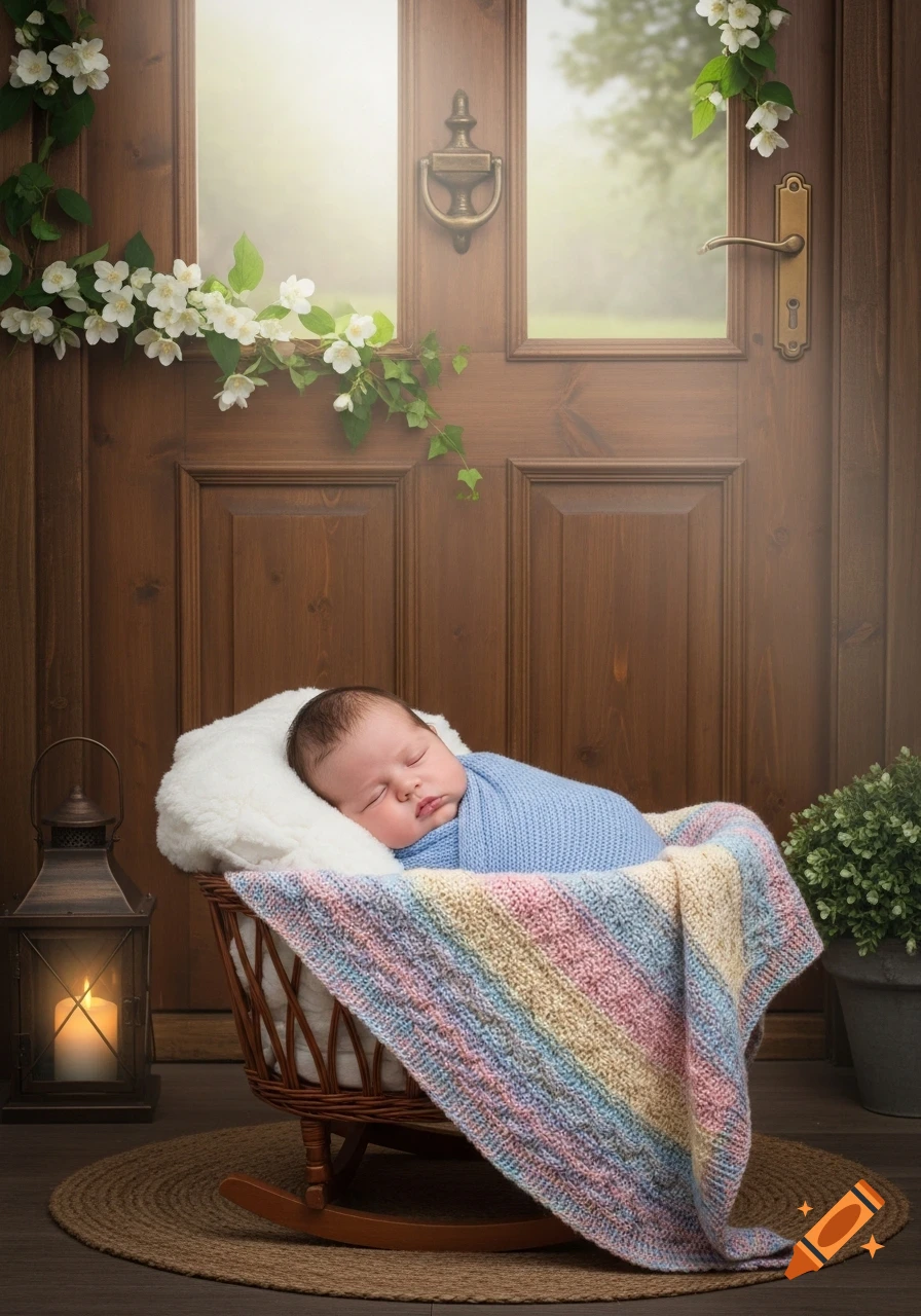 A sleeping newborn baby wrapped in a blue blanket in a wicker bassinet with a colorful blanket, in front of a wooden door adorned with jasmine flowers.