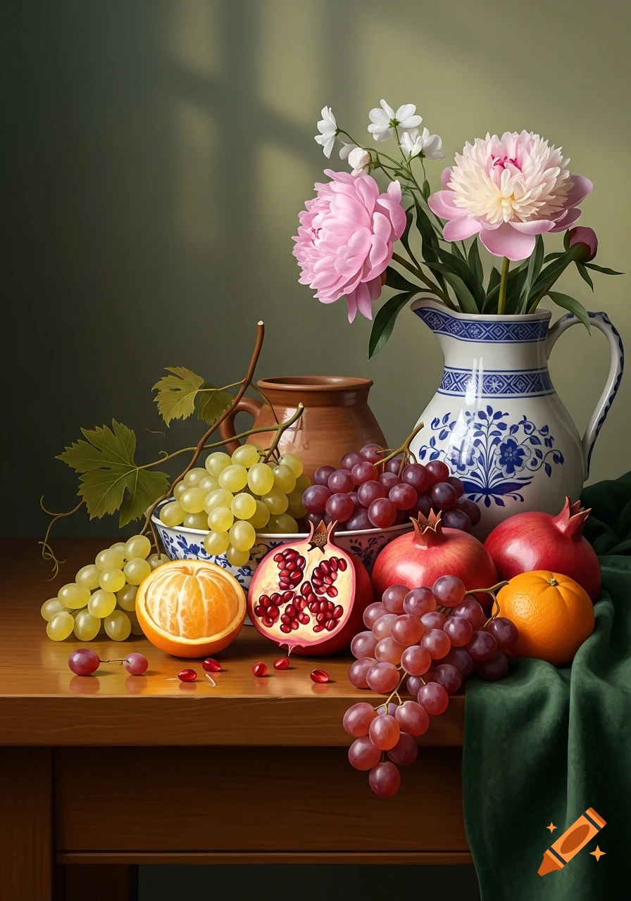 Photorealistic still life of green and red grapes, pomegranates, oranges, and pink peonies in a blue and white pitcher on a wooden table.
