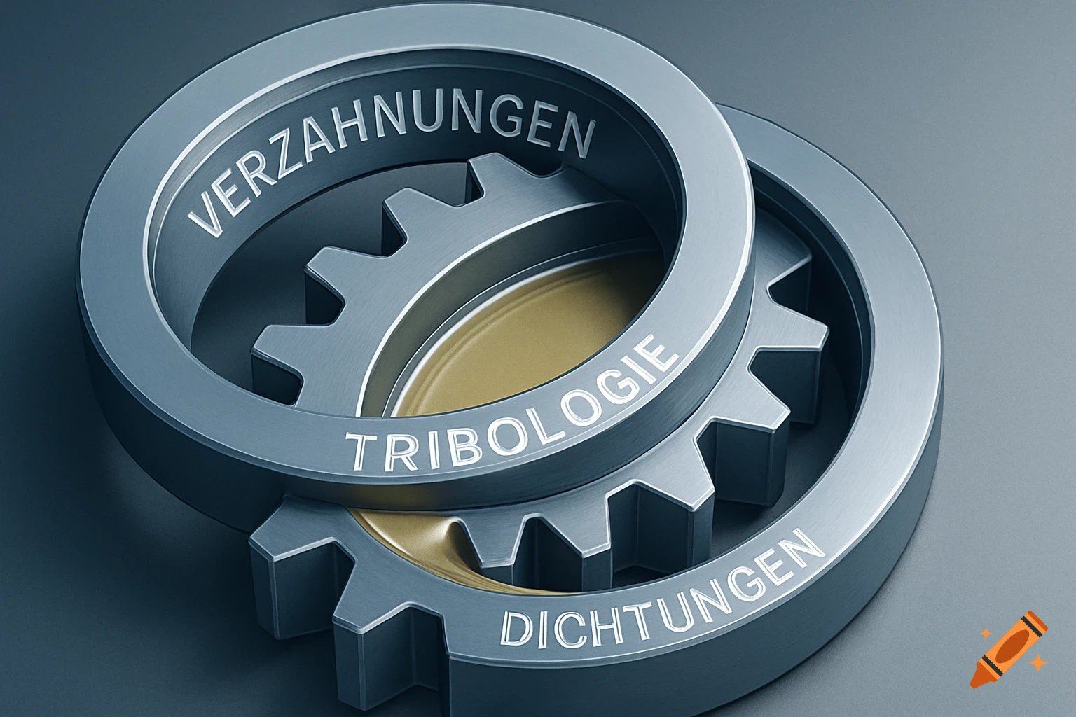 A 3D metallic illustration of interlocking gears and a ring, labeled 'Verzahnungen', 'Tribologie', and 'Dichtungen'.