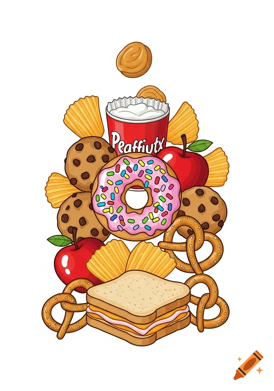 A colorful clipart illustration of various snacks including a pink frosted donut with sprinkles, chocolate chip cookies, pretzels, apples, potato chips, a sandwich, and a cup of dip.