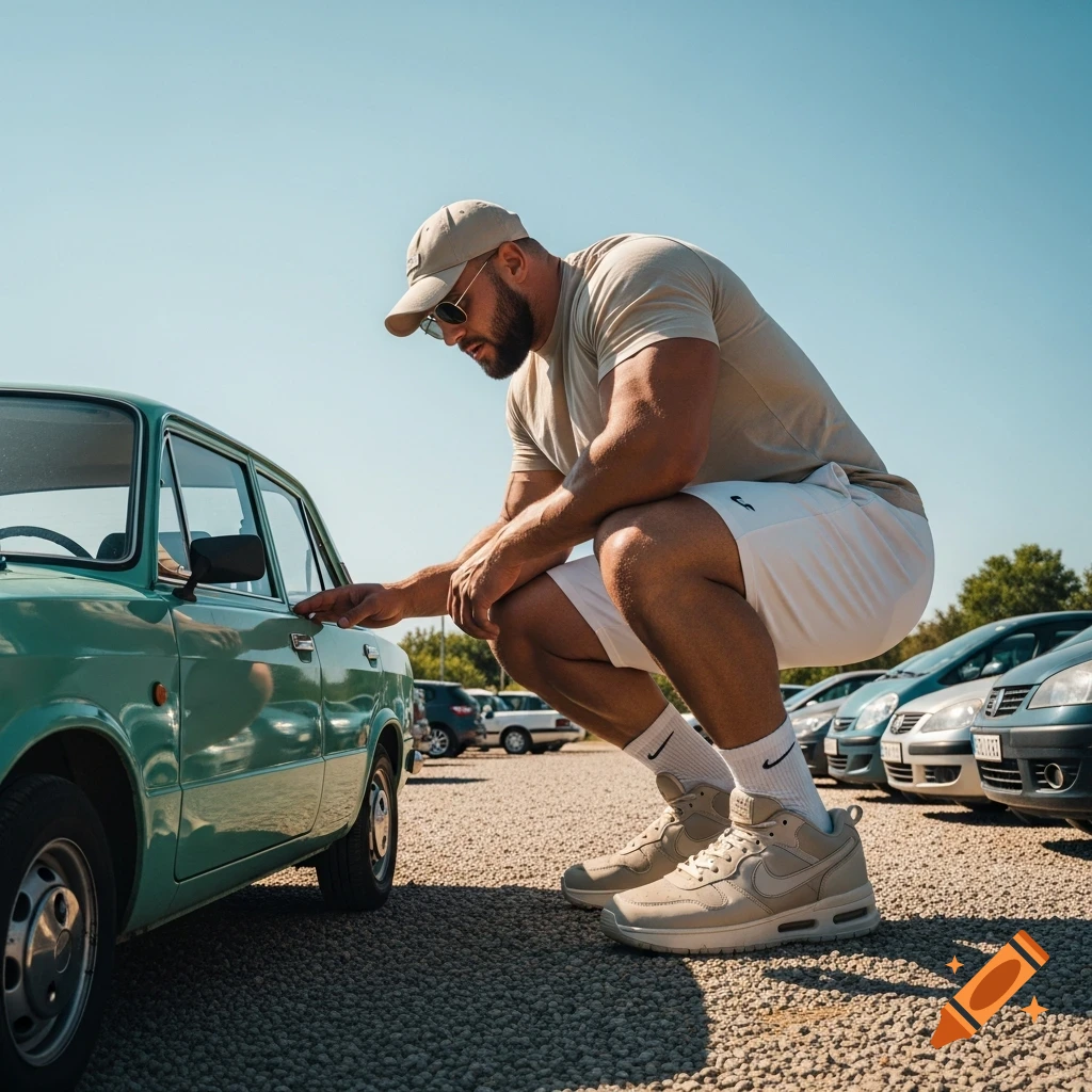 A muscular man in a baseball cap, sunglasses, t-shirt, shorts, and sneakers crouches beside a vintage turquoise-green car in a gravel parking lot under a clear sky.