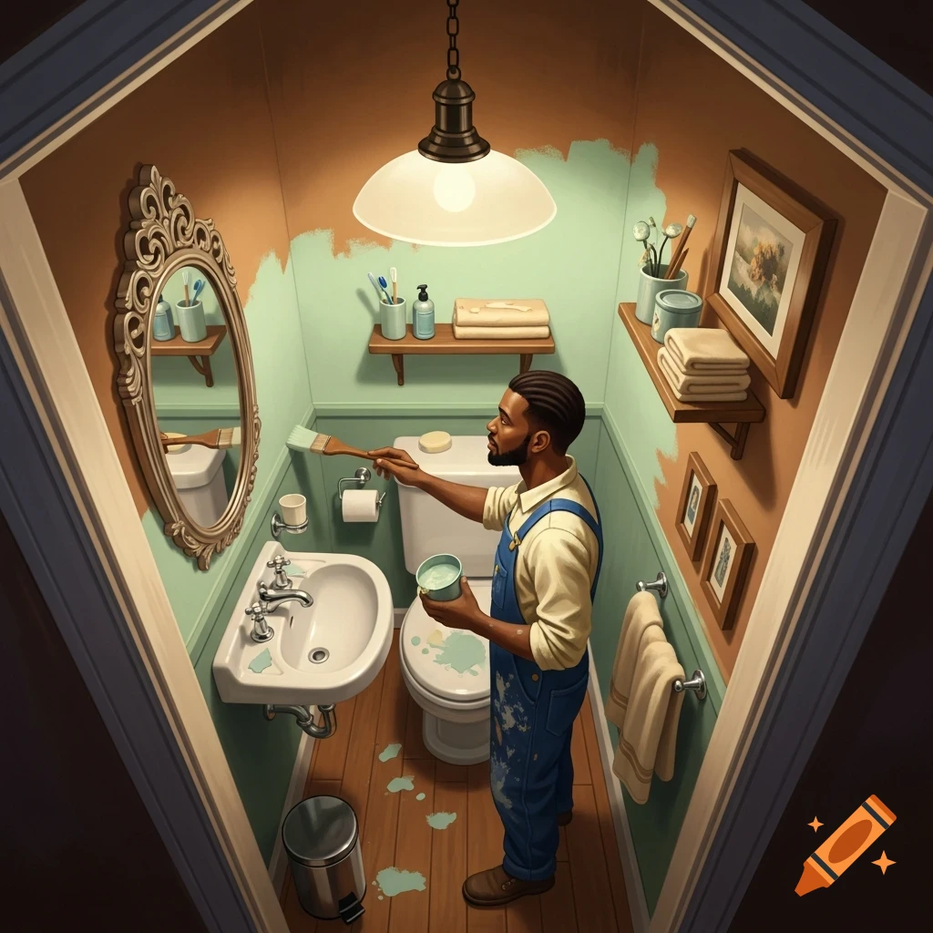 A man in overalls paints the mint green walls of a small, cramped bathroom from a high-angle perspective.