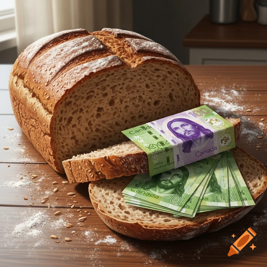 A fresh-cut loaf of whole wheat bread with Canadian money, featuring Jesus's face, lying on a slice, on a wooden table.
