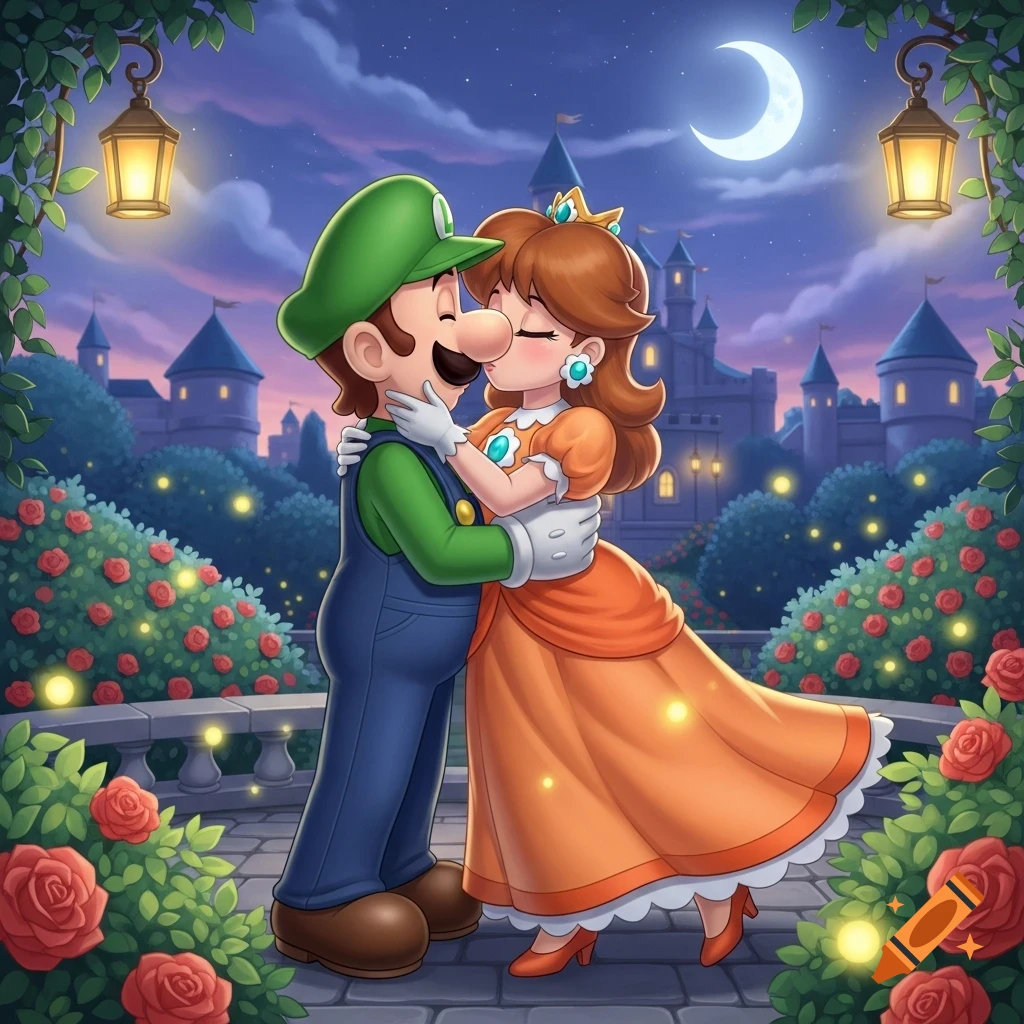 Luigi and Princess Daisy share a tender kiss in a romantic castle garden at night, surrounded by roses and lanterns under a crescent moon.