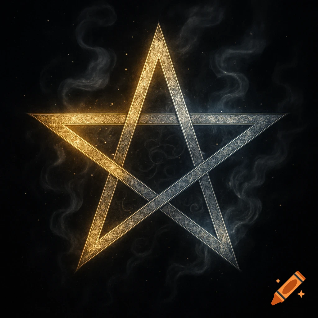 A glowing, ornate pentagram with golden and silver sections against a dark, smoky, starry background.