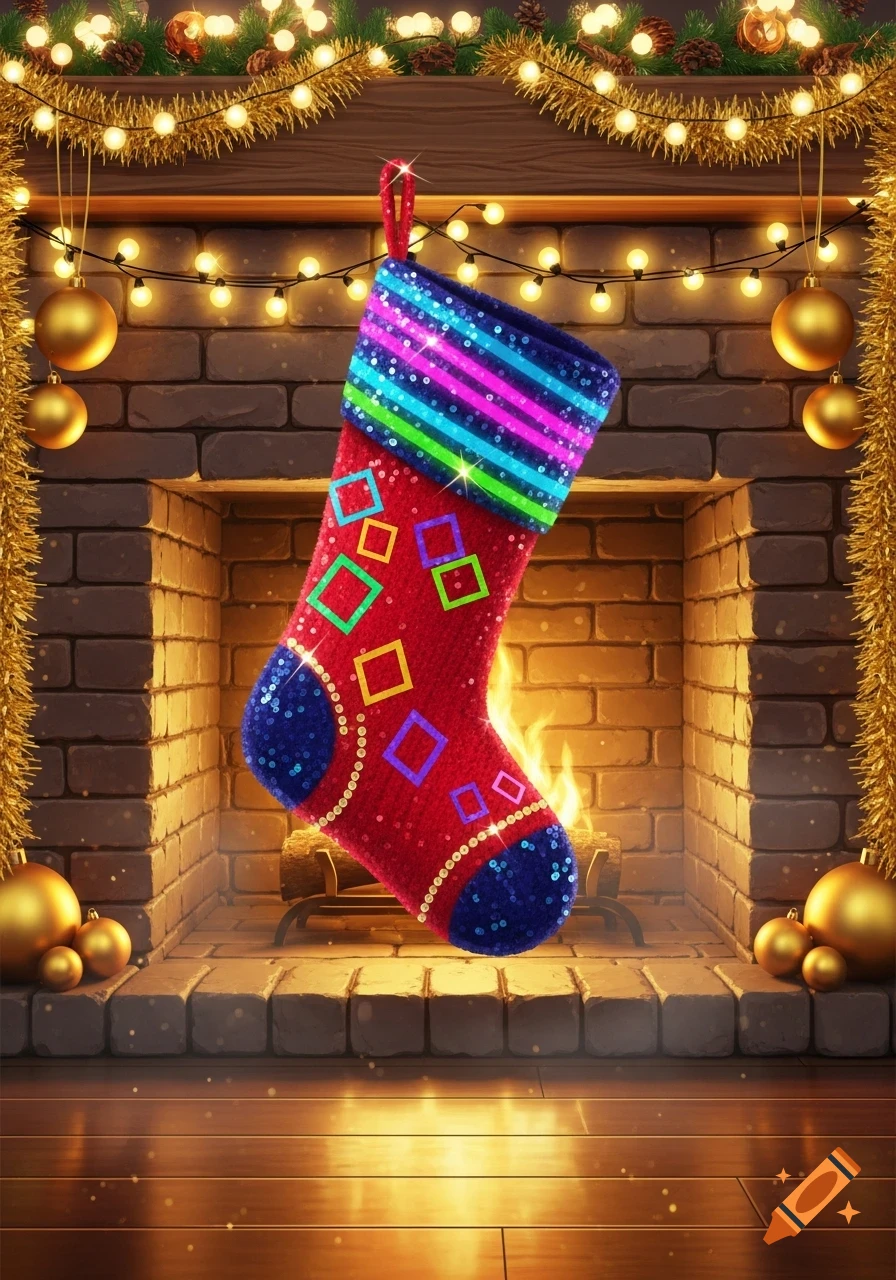 A vibrant, glittery Christmas stocking with geometric patterns hangs over a brick fireplace decorated with garlands and lights, featuring a warm fire.
