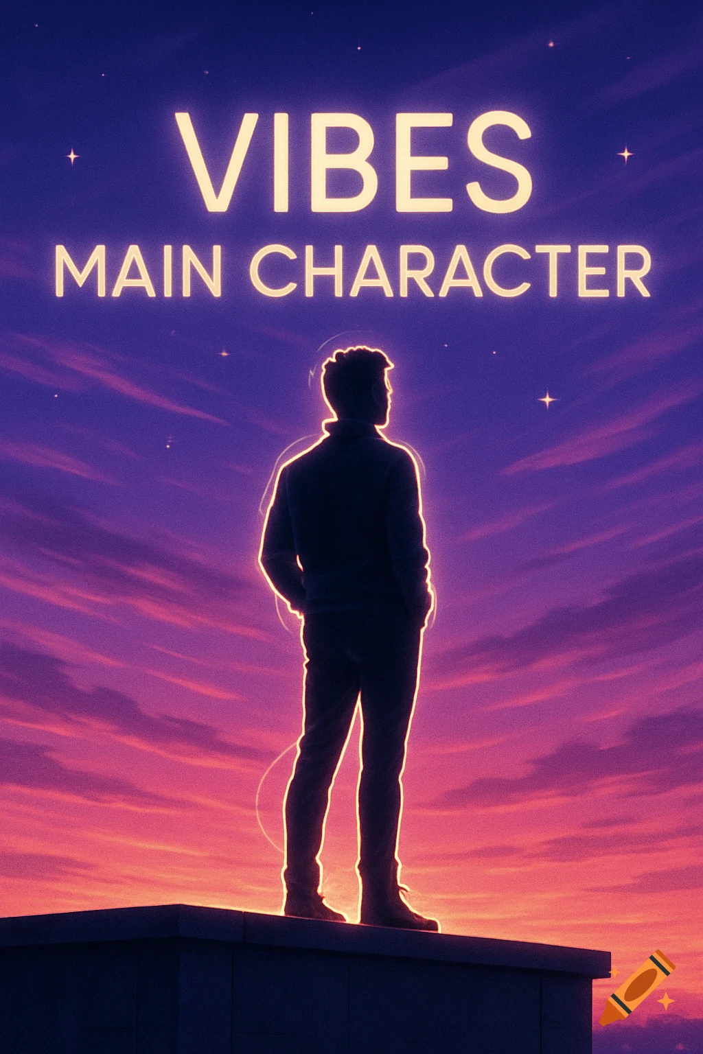 A silhouetted person stands on a rooftop against a vibrant purple and orange sunset, outlined in glowing light, with 'VIBES MAIN CHARACTER' text above.