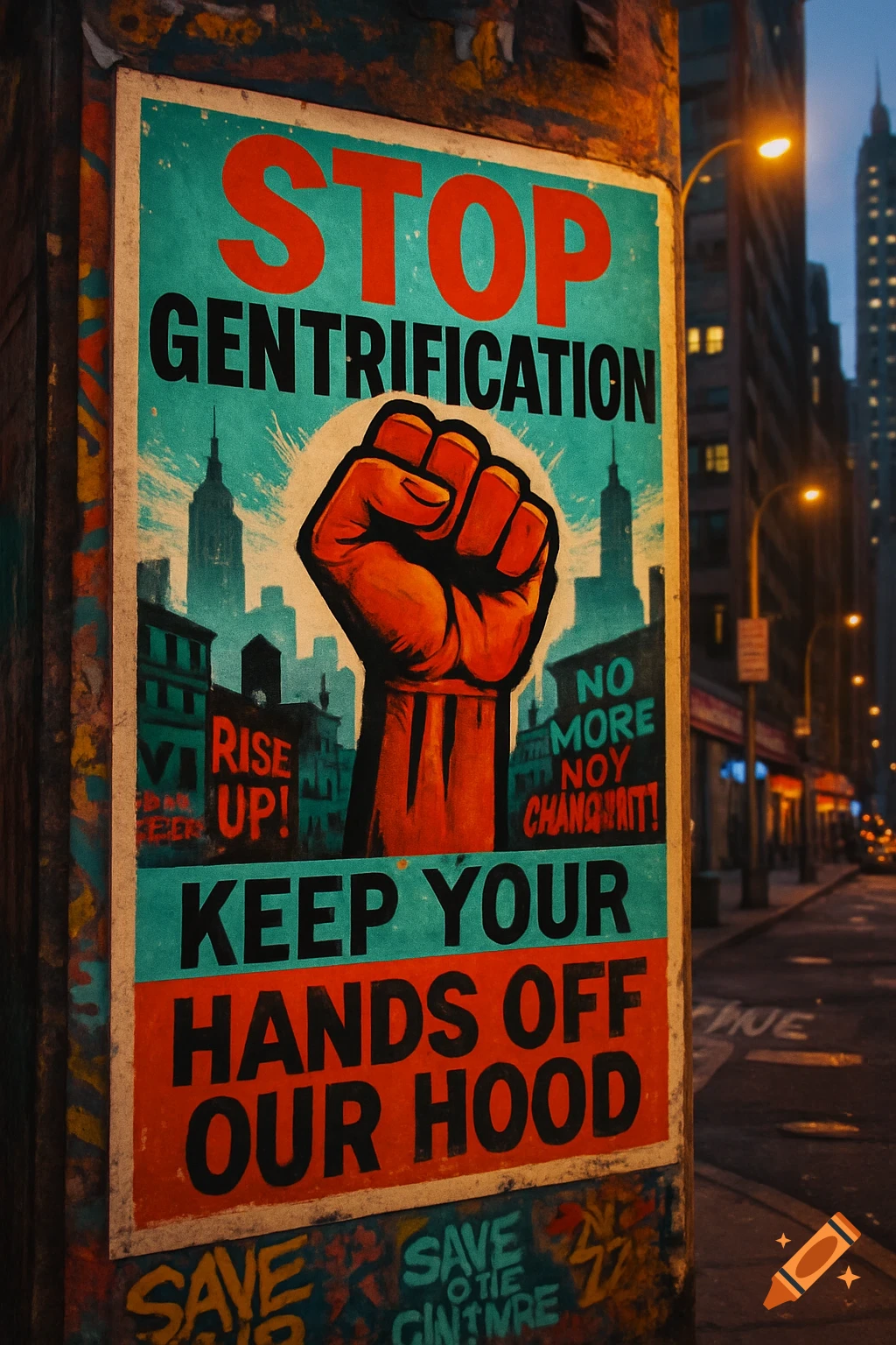 Grungy street poster reading "STOP GENTRIFICATION" and "KEEP YOUR HANDS OFF OUR HOOD" with a raised fist against a city skyline at dusk.