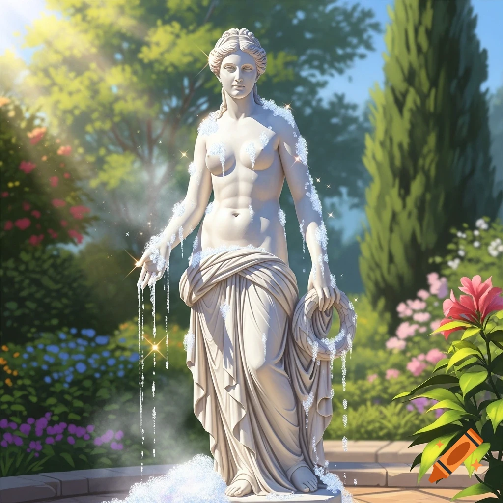 A marble statue of a goddess covered in sparkling suds, standing in a vibrant, sunlit garden.