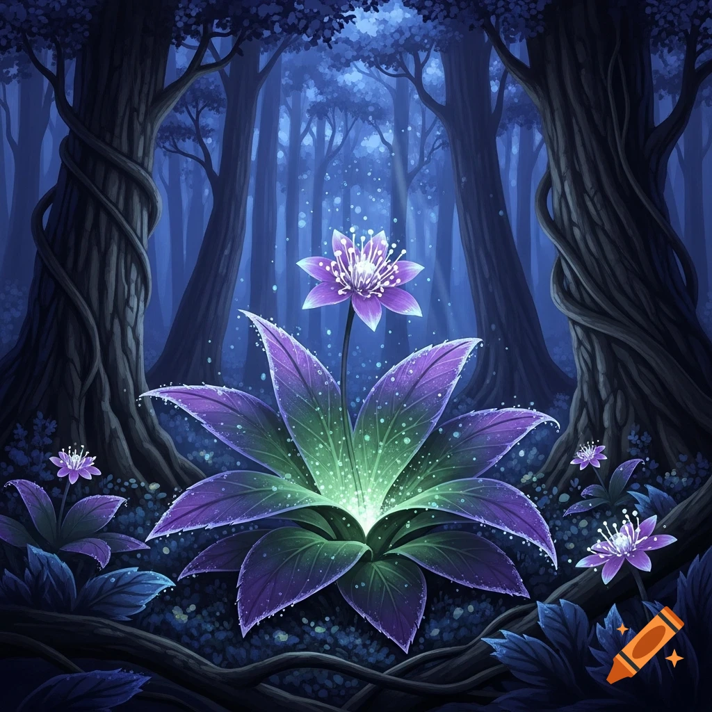 A glowing magical purple and green plant with a flower in a dark, mystical forest, illustration.