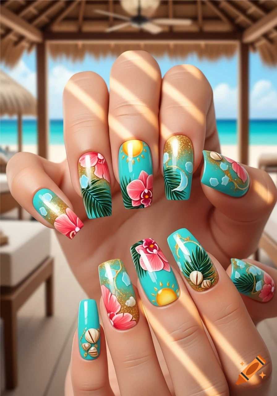 A close-up of a hand displaying tropical-themed nail art with turquoise, gold glitter, hibiscus flowers, palm leaves, sun, and seashells, against a blurry beach background.