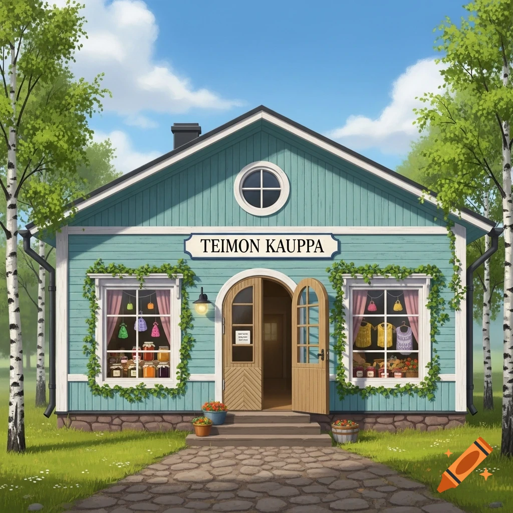 A charming light blue shop with an open door and 'TEIMON KAUPPA' sign, surrounded by birch trees on a sunny day.