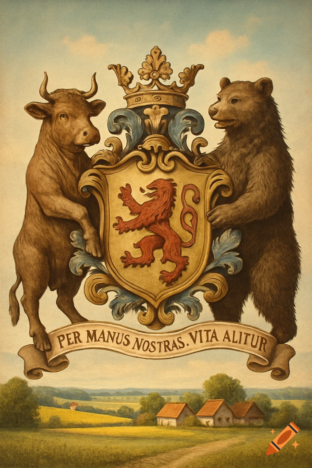 A painted coat of arms with a bull and a bear holding a shield, a crown, and a banner reading "PER MANUS NOSTRAS. VITA ALITUR" over a rural landscape.