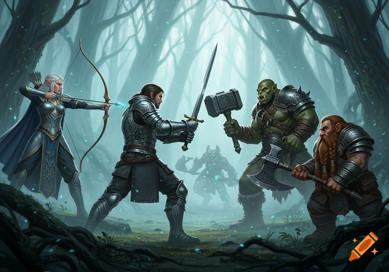 An elf, human, orc, and dwarf engage in a battle in a misty, enchanted forest, rendered in a digital painting style.