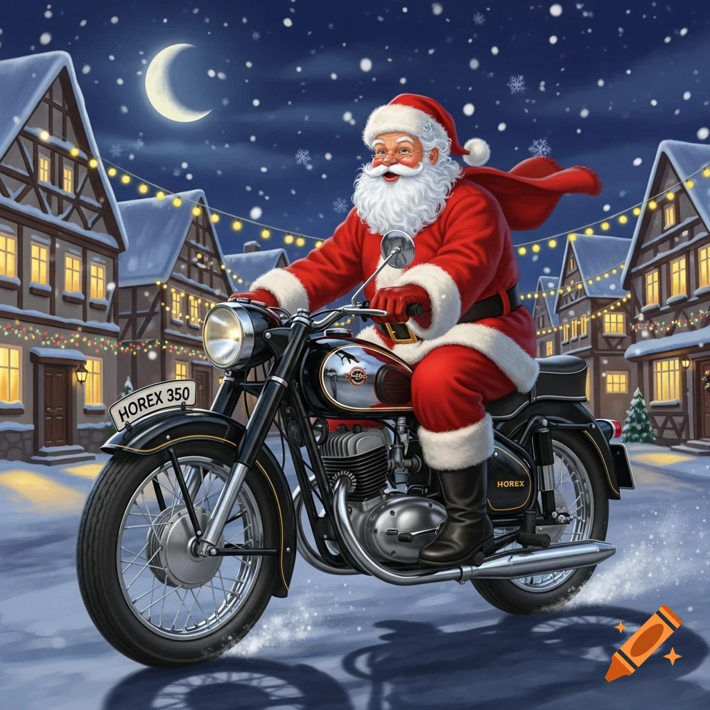 Santa Claus rides a Horex 350 motorcycle through a snowy village at night, with a crescent moon in the sky. Illustrated style.