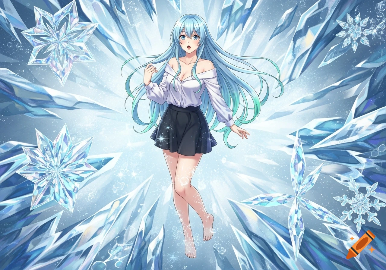 An anime woman with long light blue hair, wearing an off-shoulder white blouse and black skirt, stands barefoot amidst glowing ice crystals and snowflakes with a surprised expression.