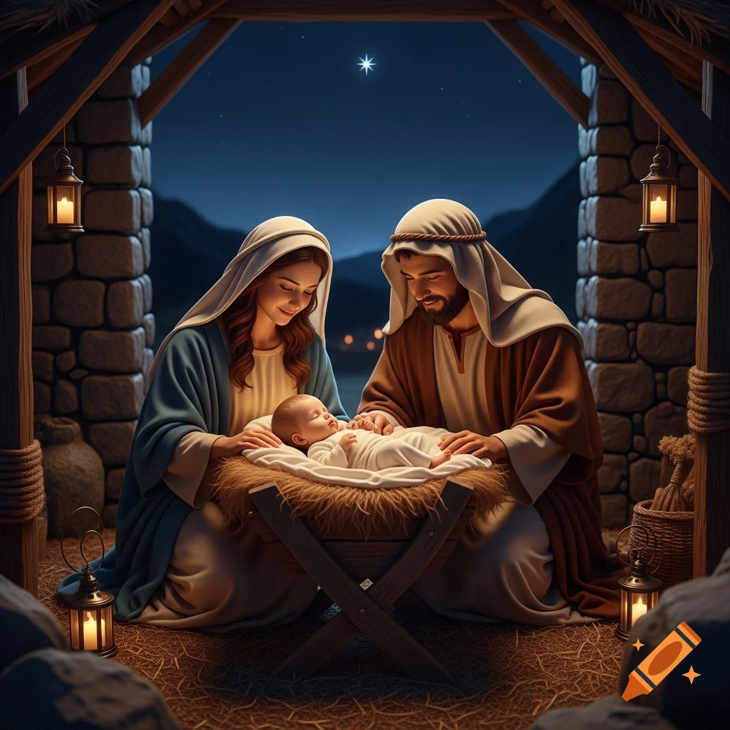Mary and Joseph gaze lovingly at baby Jesus in a stable under a star-filled night sky, illuminated by lanterns.