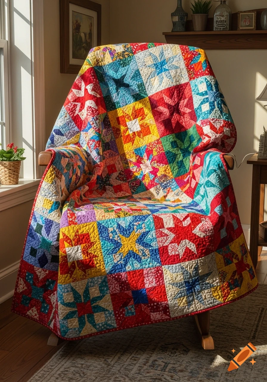 A vibrant patchwork quilt with various star patterns draped over a wooden rocking chair in a sunlit room.
