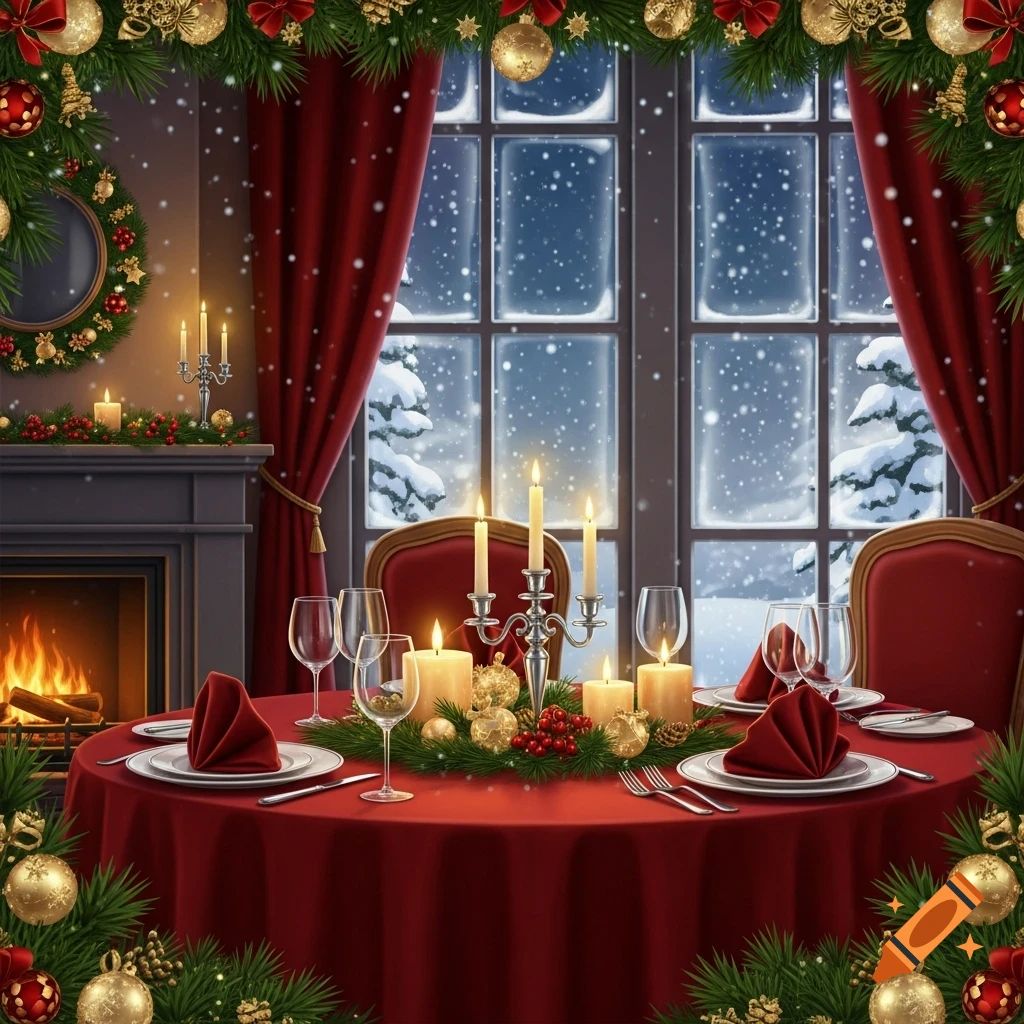 A cozy Christmas dining table with candles, red tablecloth, and festive decor, set in front of a fireplace and snowy window.