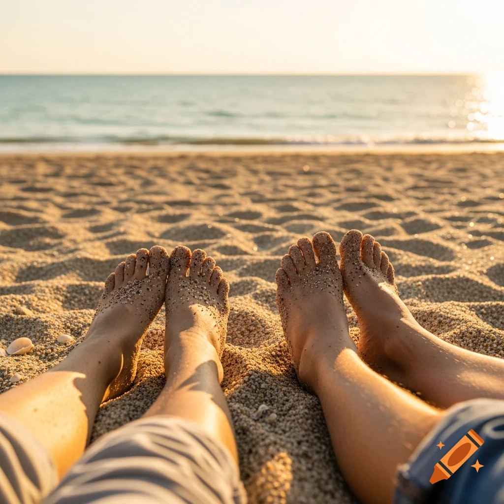 Two pairs of bare feet covered in sand on a sunny beach with the ocean and golden sky in the background.