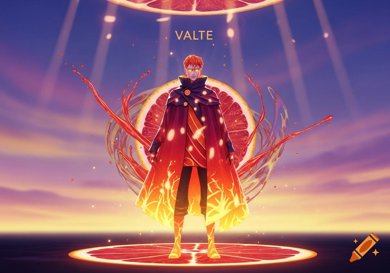 Valte, a red-haired character with glowing eyes and a fiery cape, stands on a blood orange slice amidst juice splashes under a dramatic sky in stylized digital art.