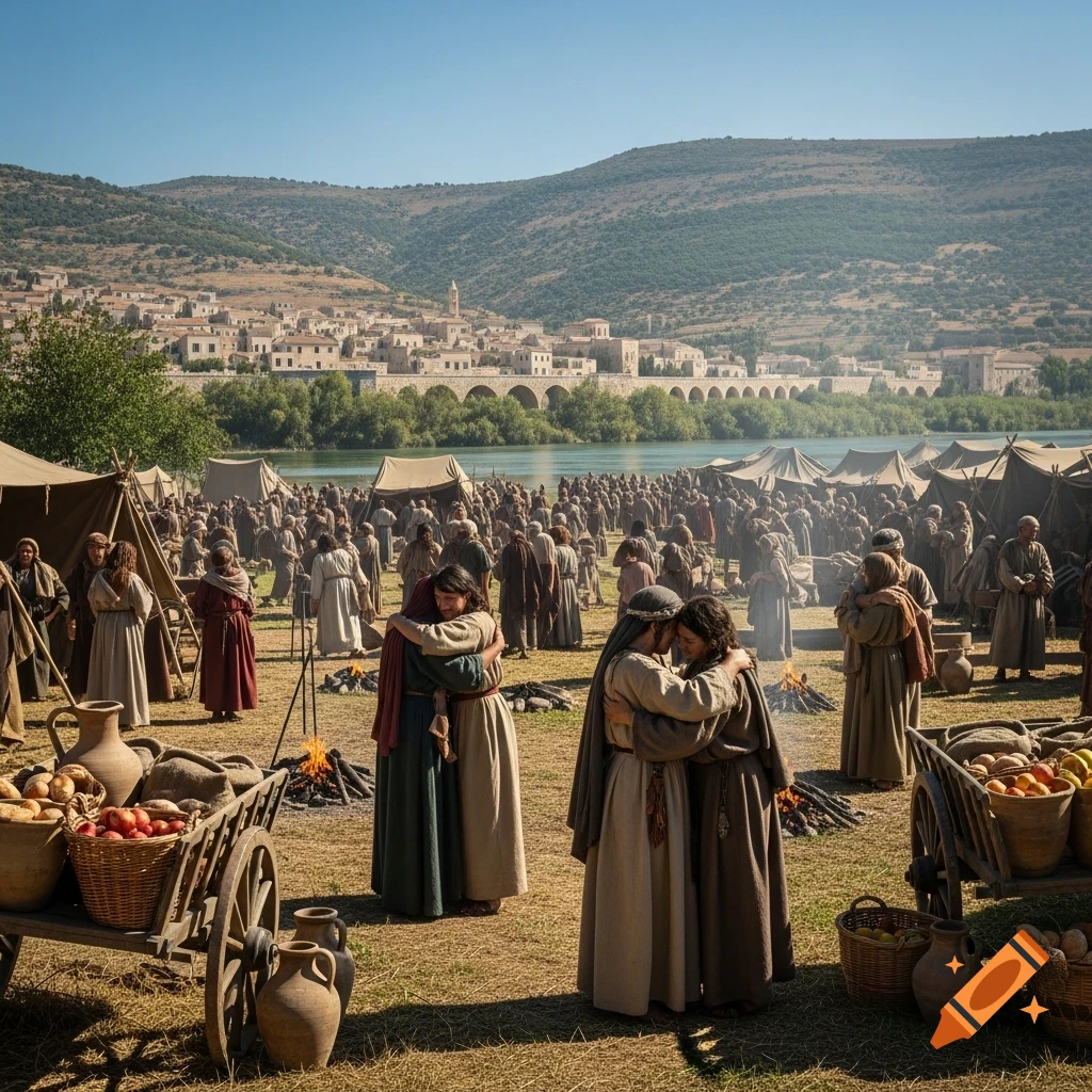 Photorealistic scene of a large historical encampment by a river, with people embracing, tents, carts of food, and a town in background.