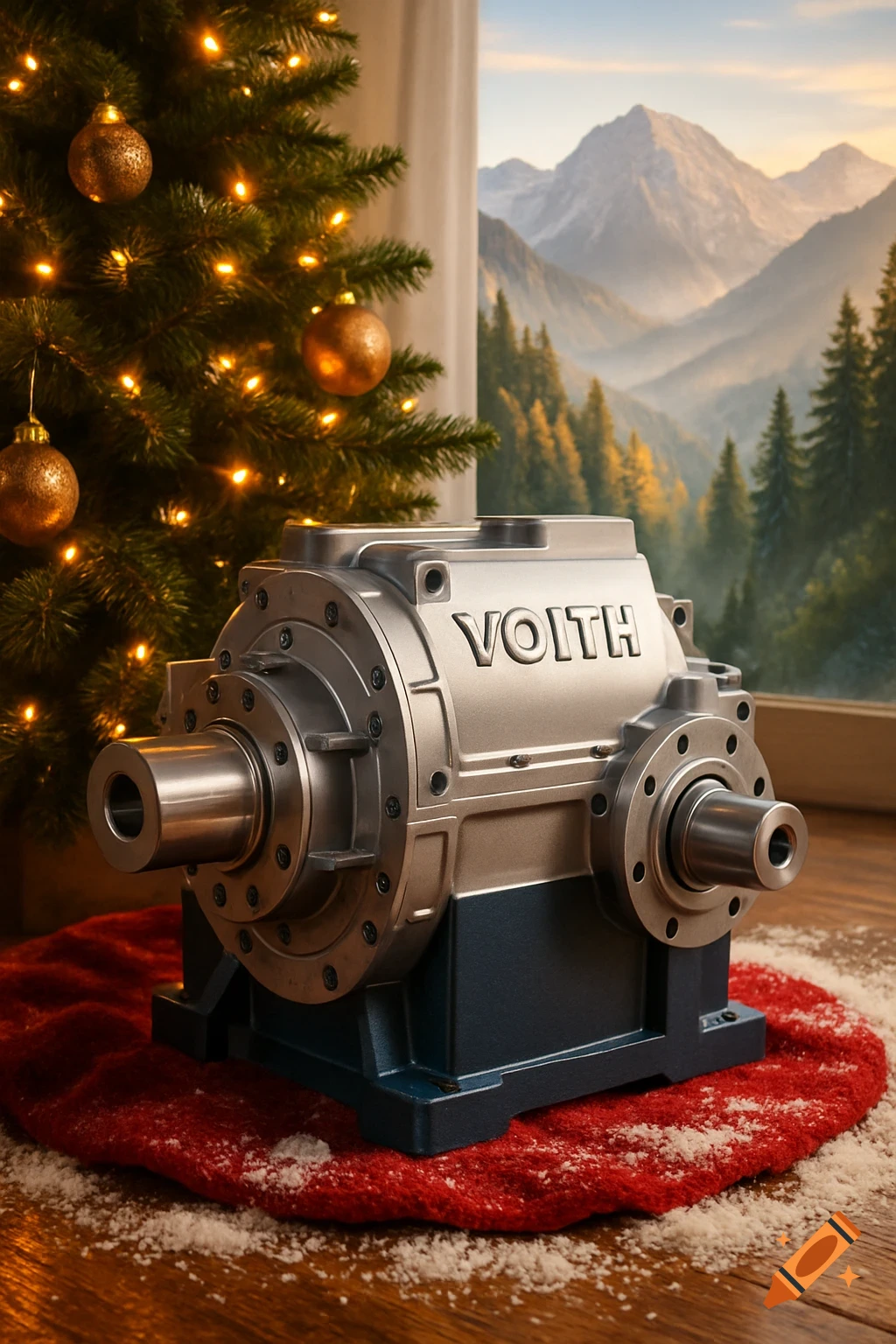 A silver and blue industrial gear unit sits under a Christmas tree, with mountains visible through a window in the background.
