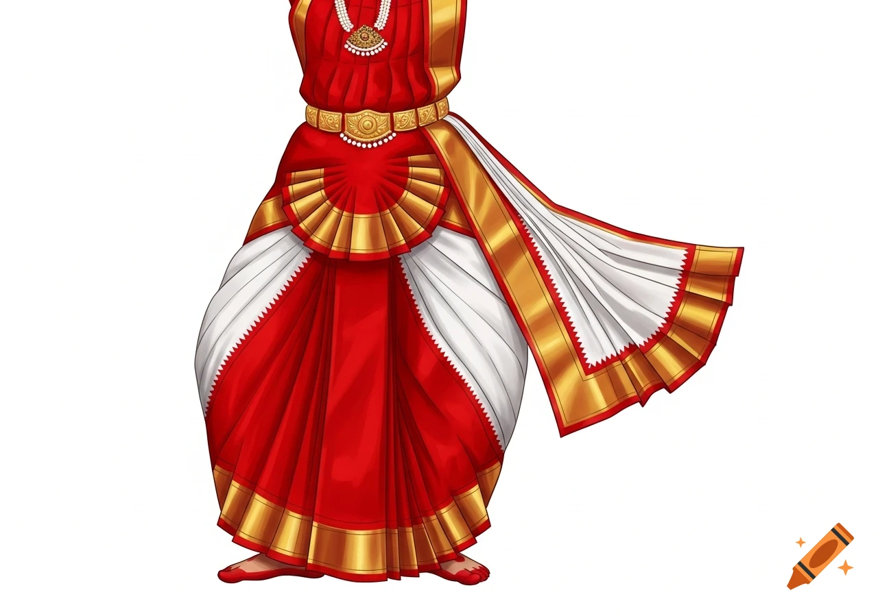 Illustration of a red and white Bharatanatyam sari with gold trim and traditional jewelry, on a white background.