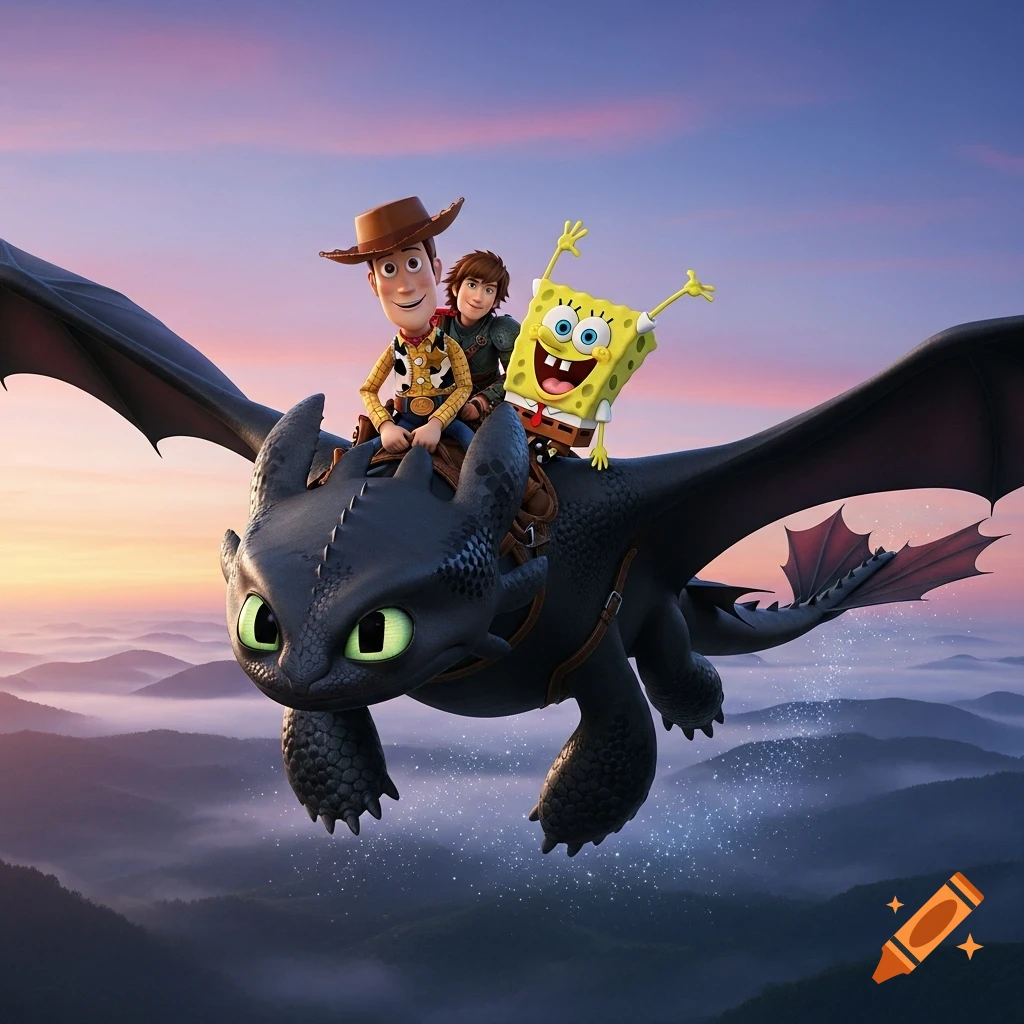 Woody, Hiccup, and Spongebob SquarePants ride on Toothless the dragon, flying over misty mountains at sunset.