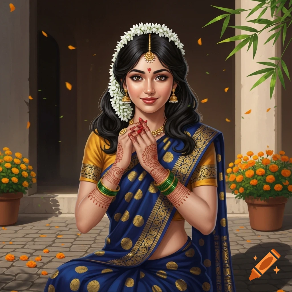 A beautiful Indian woman with flowers in her hair, wearing a blue and gold sari, gold jewelry, and henna, seated outdoors with marigolds.