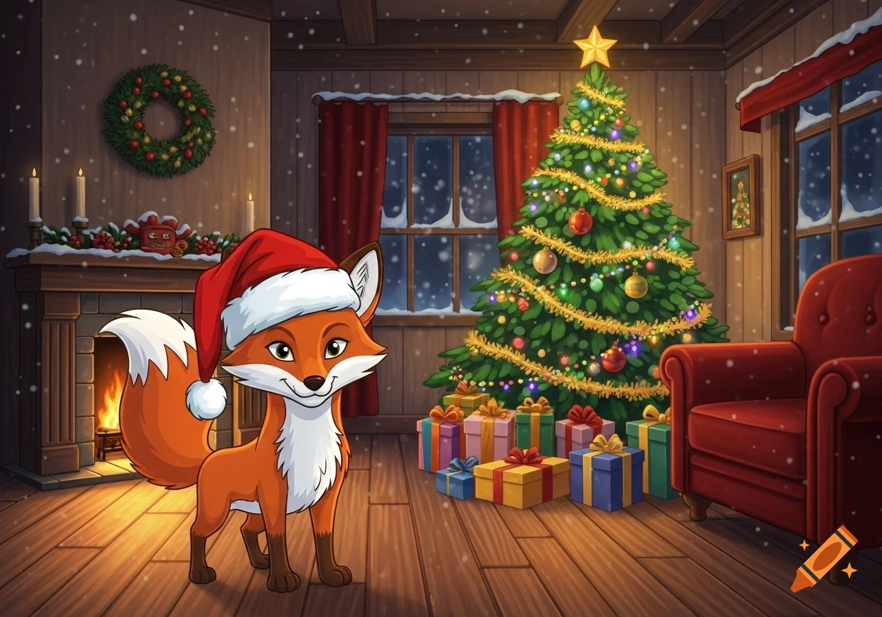 A cartoon fox wearing a Santa hat stands in a cozy room with a decorated Christmas tree and presents, as snow falls outside.