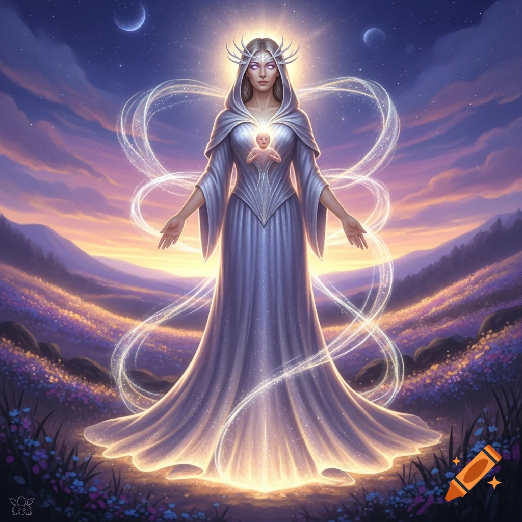 A mystical woman in a long flowing dress glows brightly, holding a small baby-like figure against a magical twilight landscape with mountains, stars, and flowers.