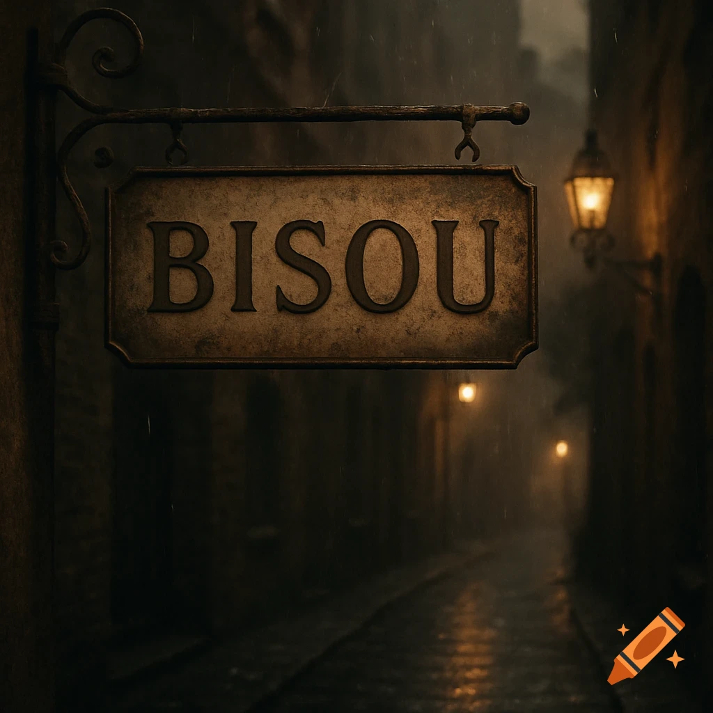 A moody, dark alley with an old, rustic sign reading "BISOU" hanging over a wet, cobblestone street, illuminated by warm streetlights.