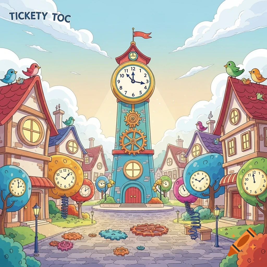 A whimsical cartoon illustration of a village with a tall clock tower, houses, trees, birds, and gears on the cobblestone street. "TICKETY TOC" is in the sky.