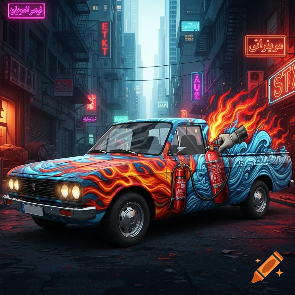 A stylized Peykan pickup truck with a half-flame, half-wave graffiti design. A hand holds a fire extinguisher hose towards the flames on the truck, set in a neon-lit urban street.