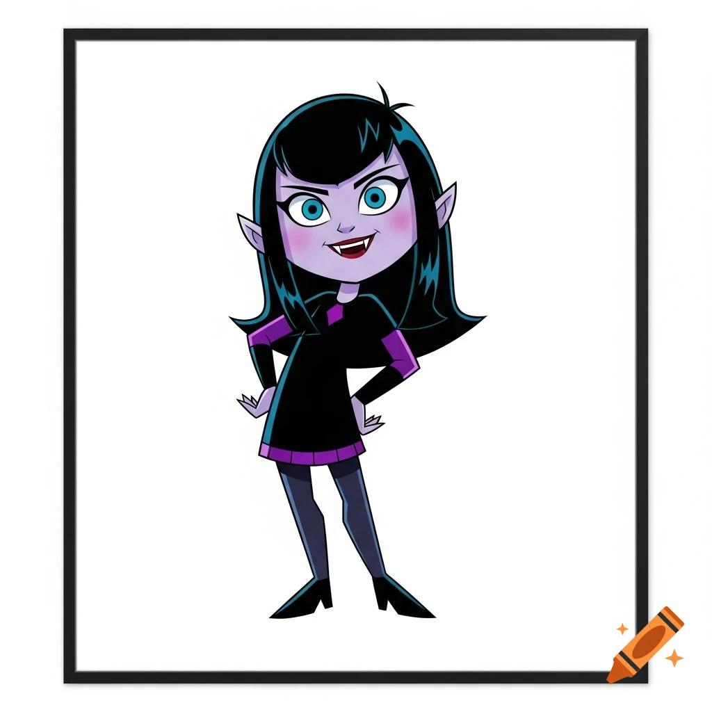 A cartoon of Mavis Dracula with black hair, purple skin, and blue eyes, wearing a black and purple dress, smiling with fangs, hands on hips against a white background.