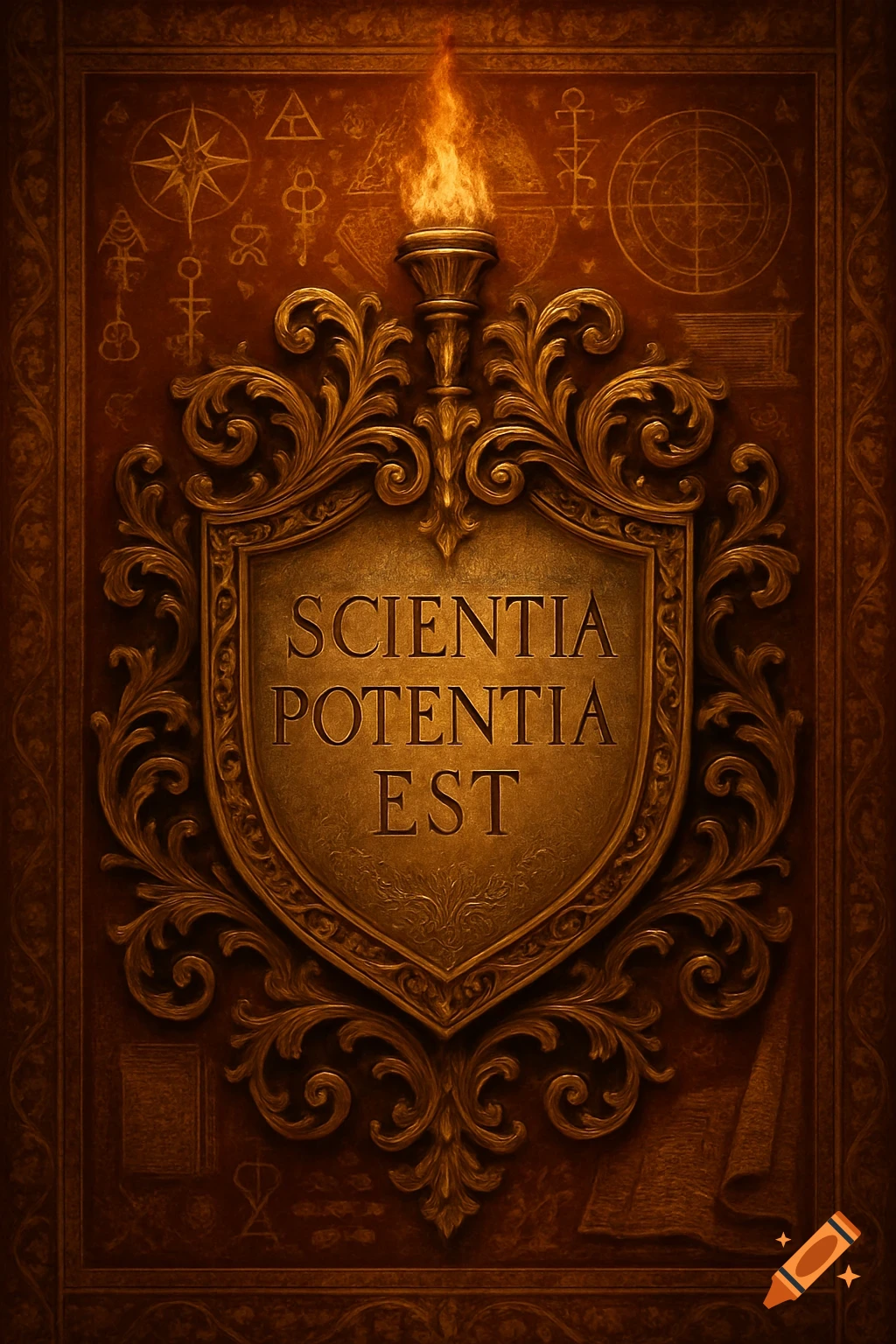 An ornate golden shield with 'SCIENTIA POTENTIA EST' and a flaming torch, set against a background of mystical symbols.