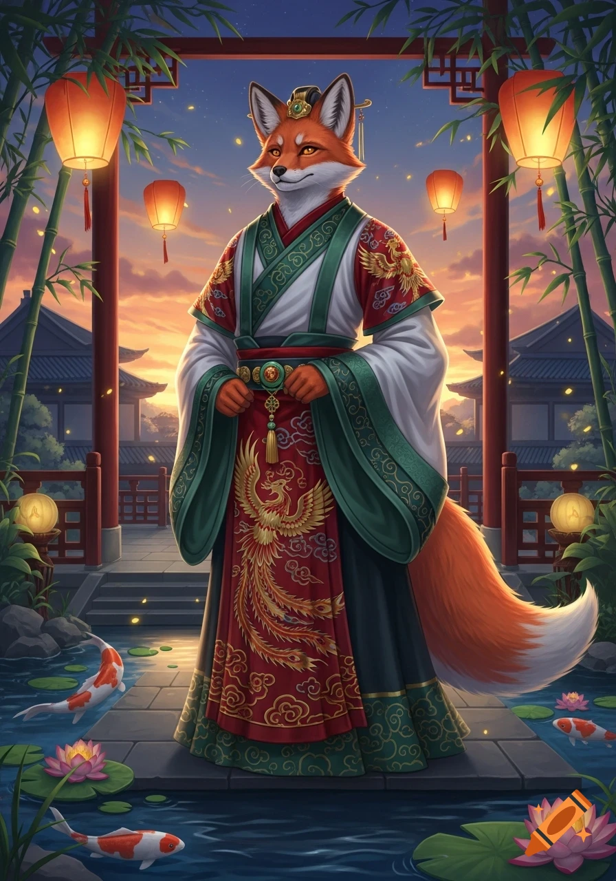 A regal anthropomorphic fox in elaborate traditional Chinese robes stands in a serene garden with lanterns, bamboo, koi fish, and lotus flowers at sunset.
