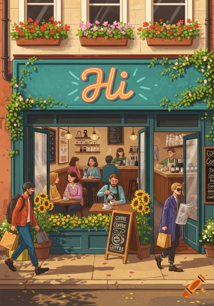 A vibrant illustration of a bustling coffee shop with people inside and outside, sunflowers, and flower boxes. The shop sign reads 'Hi'.