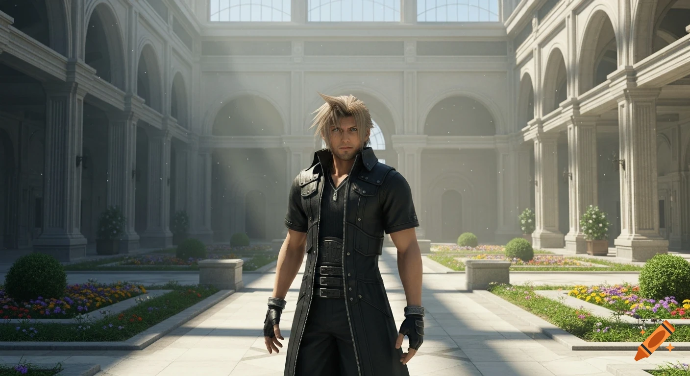 A blonde man in a black leather outfit stands in a grand, sunlit courtyard with arches and gardens, in a cinematic style.