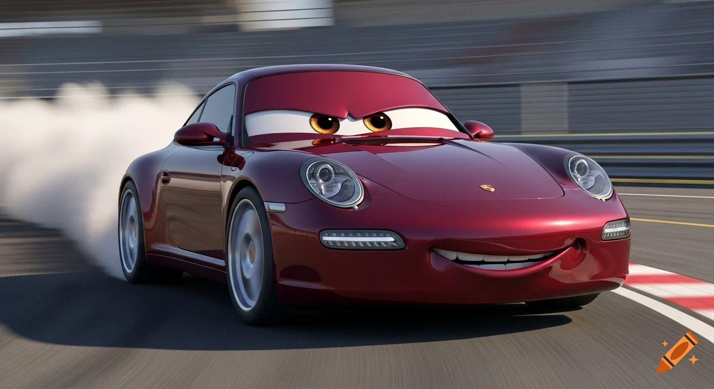 A dark red anthropomorphic Porsche 911 character with expressive eyes and a smile drifts on a race track with smoke and motion blur.
