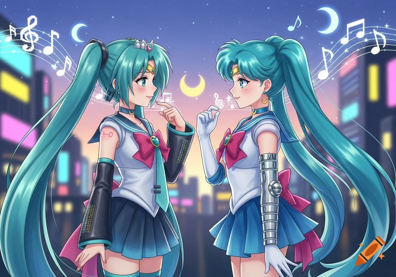 Hatsune Miku dressed as Sailor Moon and Sailor Moon dressed as Hatsune Miku, standing against a city skyline at dusk with musical notes floating around them.
