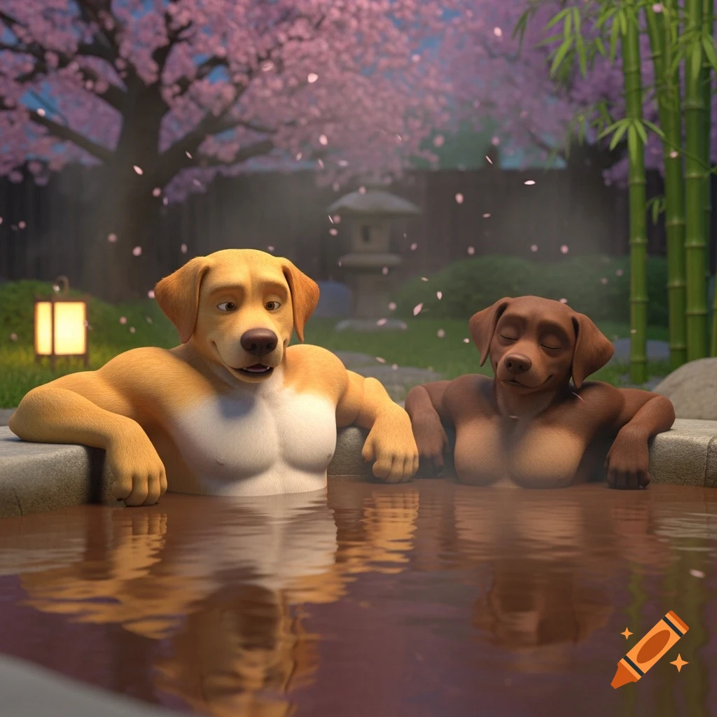 Two anthropomorphic Labrador dogs relaxing happily chest deep in a mud hot tub in a cherry blossom and bamboo garden, 3D animation.